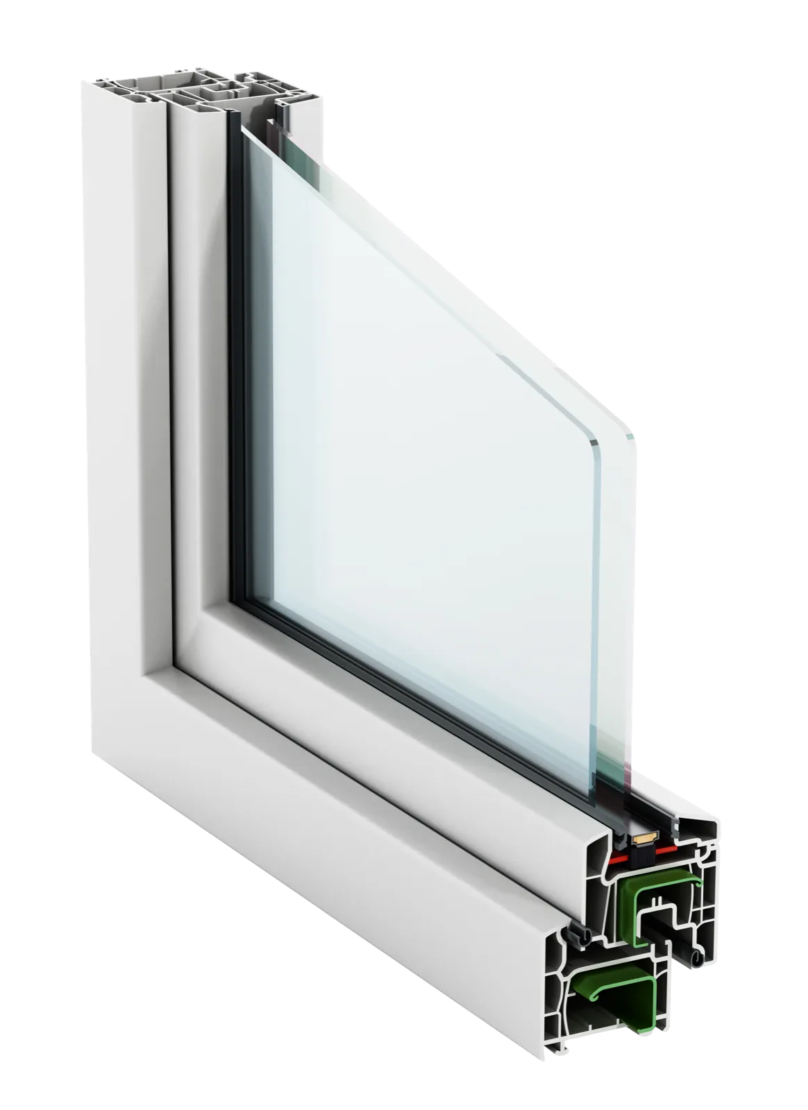 Cut-through of a uPVC window frame corner showing the chambered profile, seals and sealed double glazed unit
